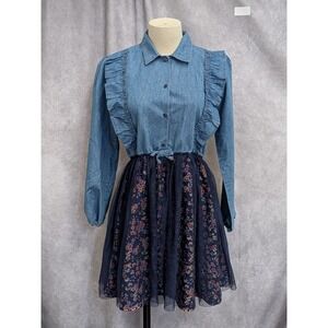 BCBG Girls XL Denim and Floral Tulle Mixed Media Long Sleeve Dress Blue Navy